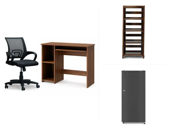 Rio study Table With Office Chair, Hugo Bookshelf And Single Door Fridge